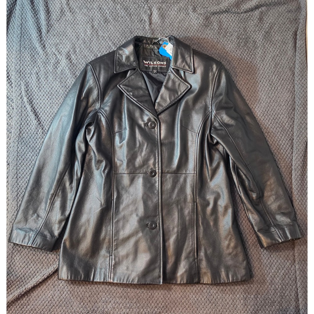 Wilsons The Leather Experts Womens Black Leather Blazer Jacket Size L 3 Button